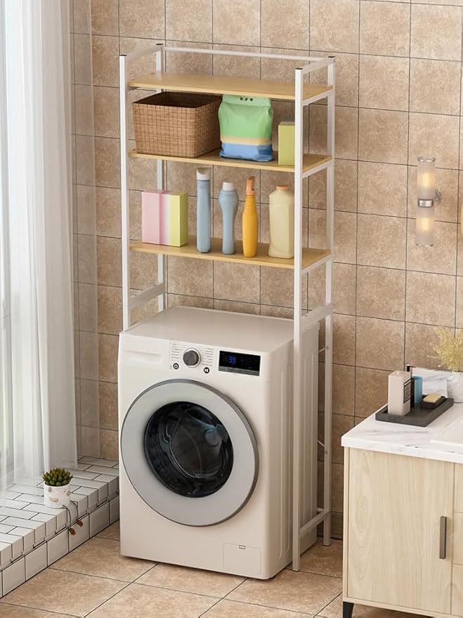 Multi-Tier Over Washer Dryer Storage Rack - 50LBS Capacity Carbon Steel Organizer with Hanging Rod, Anti-Tip & Anti-Slip for Laundry Room Kitchen Bathroom White
