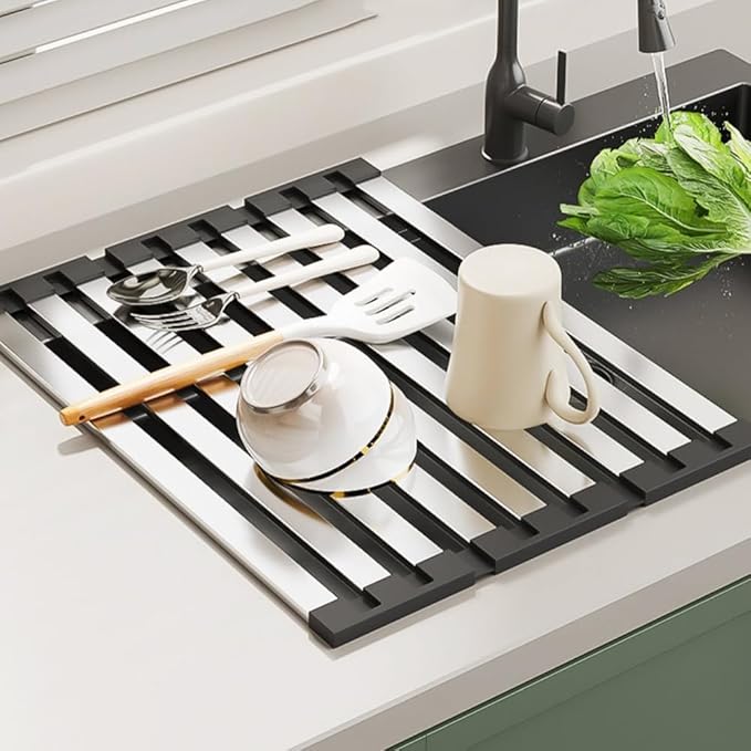 Stainless Steel Roll Up Dish Drying Rack, Over Sink Foldable Kitchen Mat, 45cm x 32.5cm Rollable Sink Drainer, Space-Saving Design (17.72" H x 12.8" W)