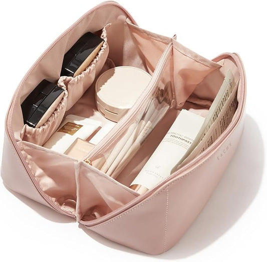 EACHY Travel Makeup Bag, Large Capacity Cosmetic Bag for Women, Waterproof PU Leather, Flat Open Portable Toiletry Bag for Skincare, Brushes & Travel Essentials