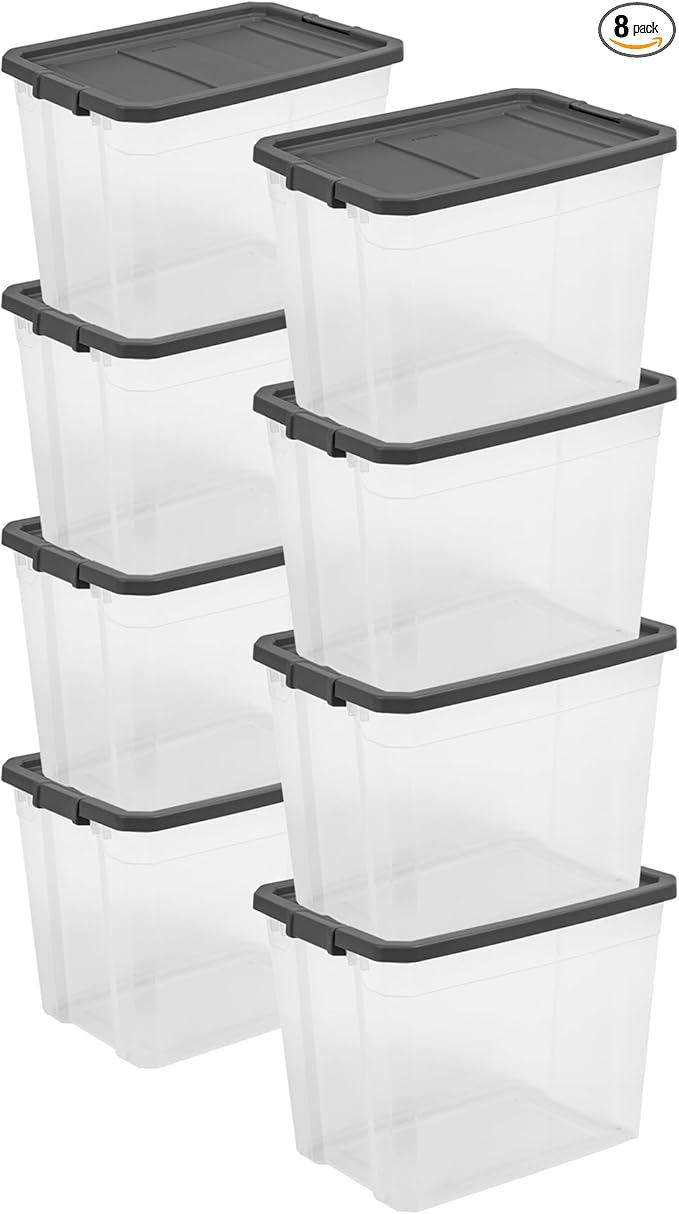 Sterilite 8-Pack Modular Stacker Box, Durable Clear Plastic Storage Bins with Latching Lids, 108 Quart - Stackable Organizing Container Boxes for Closet, Bathroom, and Office