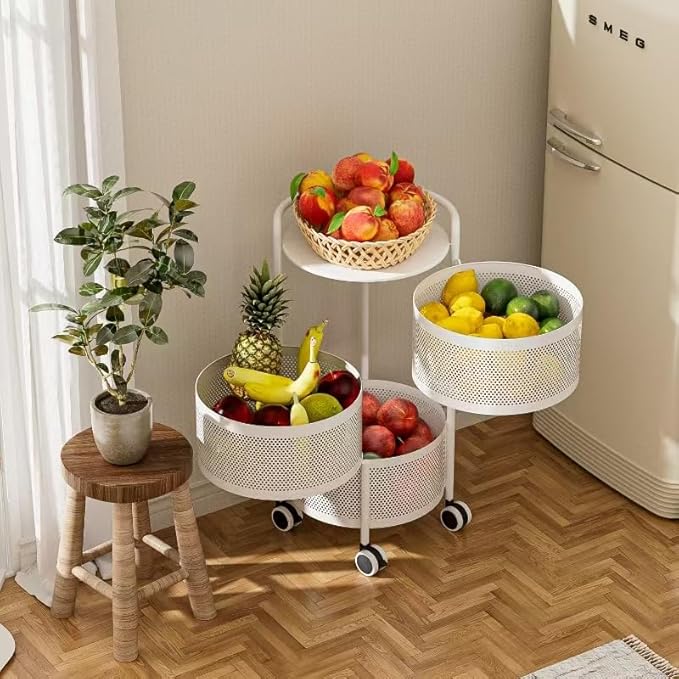 JAQ No Assembly Integrated Rotating Storage Cart, 3-Tier Rolling Storage Cart with Wheels, Solid Carbon Steel Onion Potato Storage, Kitchen Storage Cart, Vegetable Storage Cart, White