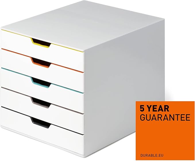 Durable Varicolor 5 Drawer Unit - White Desktop Drawer Set with 5 Color Coded Draws - Letter to Folio Size Files - Perfect for Storing Documents and Paper Work