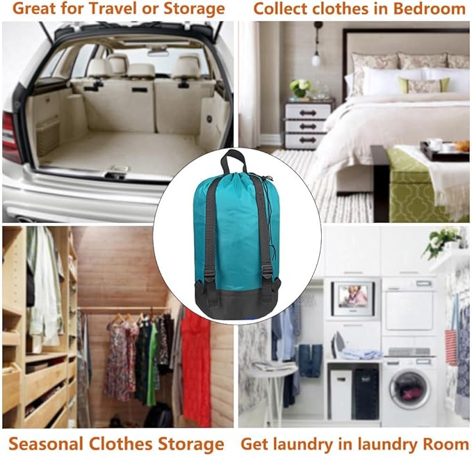 Washable Laundry Bag Backpack with Zipper Pocket, Heavy Duty Clothes Bag, 2 Strong Adjustable Shoulder Straps with Drawstring Closure for Travel, Camping or College, Blue Aqua