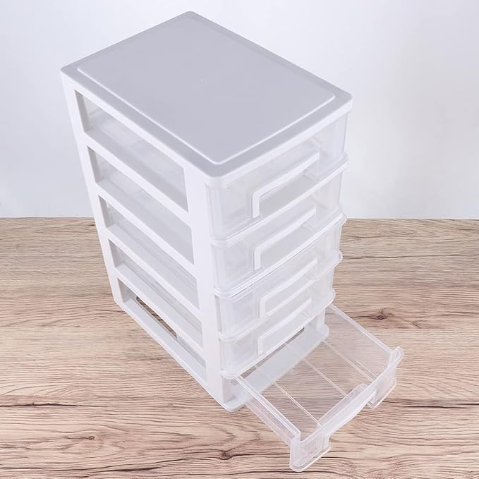 SAFIGLE Storage Drawer Organizer, 5 Drawer Plastic Storage Bins with Transparent Drawers, Vertical Design for Crafts, Stationary, Hardware, White, Polypropylene