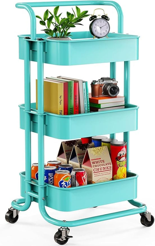 Pipishell 3 Tier Mesh Utility Cart, Rolling Metal Organization Cart with Handle and Lockable Wheels, Multifunctional Storage Shelves for Kitchen Living Room Office Turquoise