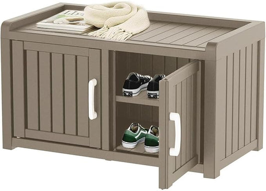 EasyUp Shoe Bench Waterproof,Resin Shoe Cabinet,Outdoor Storage,Industrial Hallway Bench with Adjustable Shelves for Entryway,Living Room,Bedroom(Grey,Double Door)