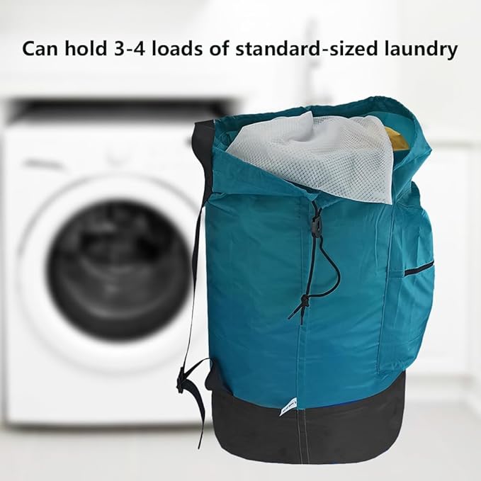 Washable Laundry Bag Backpack with Zipper Pocket, Heavy Duty Clothes Bag, 2 Strong Adjustable Shoulder Straps with Drawstring Closure for Travel, Camping or College, Blue Aqua