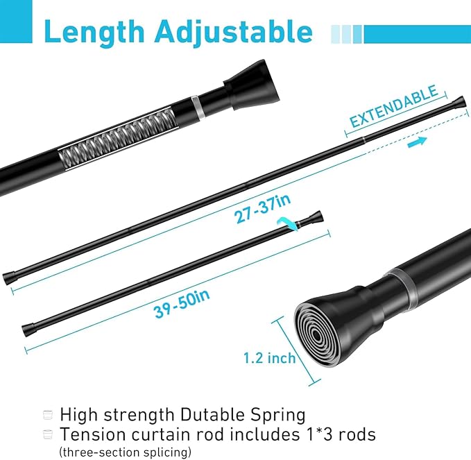 MEXAU 1pc Tension Curtain Rod for Windows 27 to 50 Inch，Spring Tension Rods Black Curtain Rods Adjustable Spring Rod Extendable Tension Rod for Kitchen, Bathroom, Window, Bookshelf