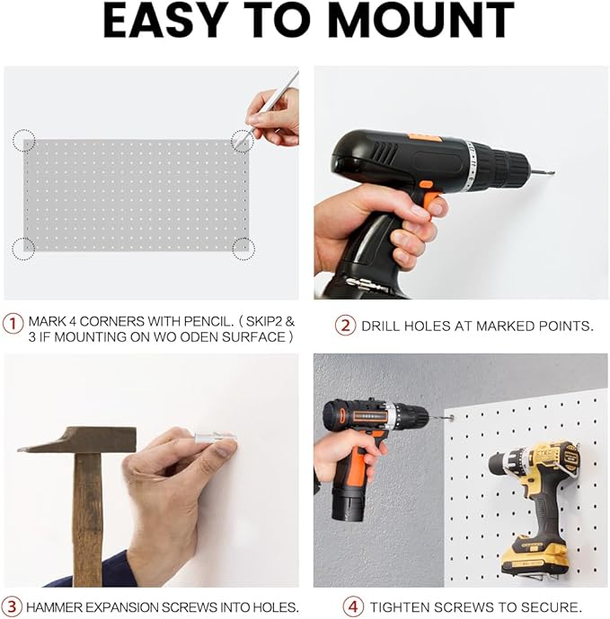 Metal Pegboard Wall Organizer System, 12x24 in Heavy-Duty Steel Peg Board with 38 Hooks, Modular Expandable Pegboard for Garage, Workshop & Home Organization (White, 4 Pack)
