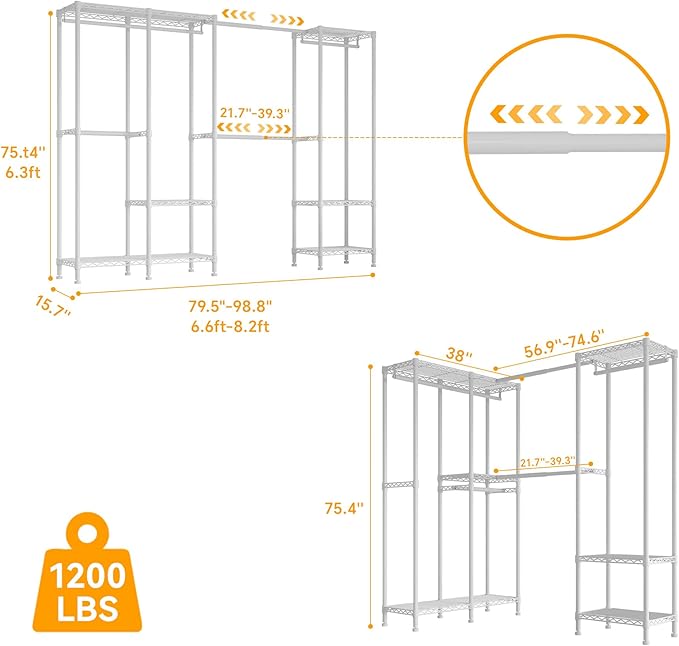 Higeego H7 Pro Heavy Duty Clothes Rack Large Garment Rack for Hanging Clothes, Freestanding Wardrobe Closet with Expandable Hanger Rods, Closet Organizer Storage, (79.1"-96.9") Lx15.7 Wx75.4 H, White