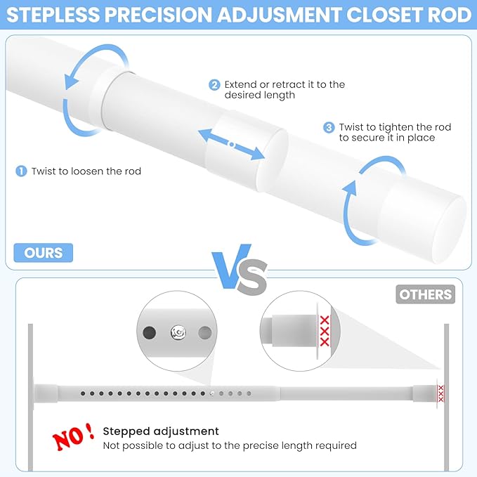 3 Pack Closet Rods for Hanging Clothes, 17 to 69 Inch Heavy Duty Stepless Adjustable Closet Hanging Rod, 1.3 Inch Diameter Metal Closet Rod for Wardrobes Laundry Bedroom RV, White