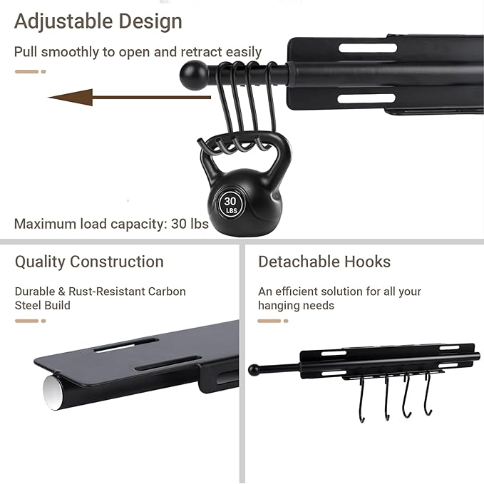 13" Valet Rod for Closet Pull Out with 4 Hooks, Retractable Valet Rod for Bedroom, Laundry Room, Bathroom(Black)