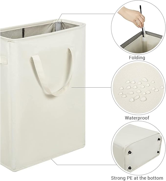 Zero Jet Long Laundry Basket with Handles Slim Foldable 45L Beige