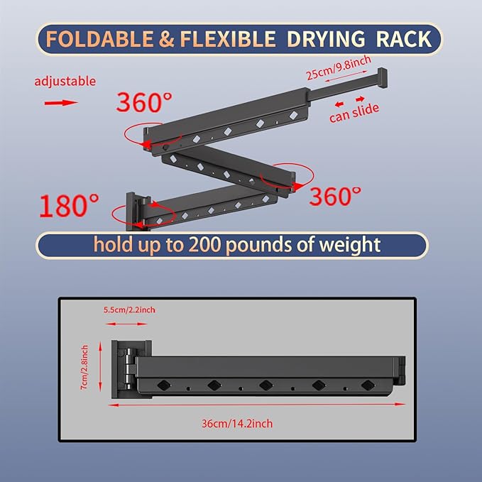 Wall Mounted Clothes Hanger Rack Folding Wall Mounted Clothes Hanger for Laundry (3-Fold Black)