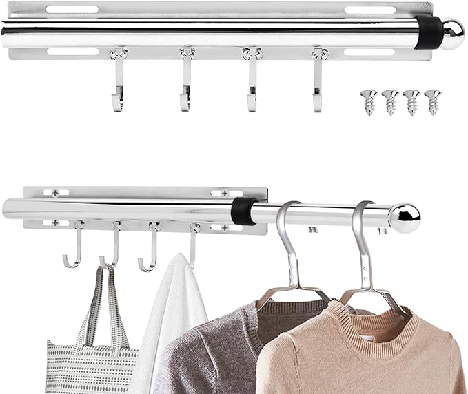 12 Inch Valet Rod for Closet Pull Out, Retractable Slide Out Clothes Hanger with 4 Hooks, Closet Rods for Hanging Clothes Laundry Room, Bedroom, Bathroom(COLOR:Sliver)