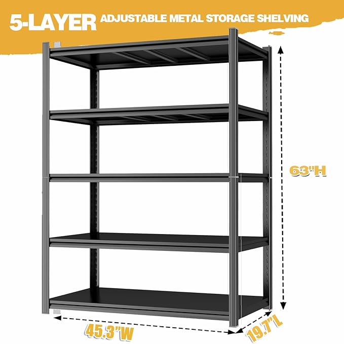 46"W Garage Shelving Metal Garage Shelf Unit 5 Tier Storage Shelves Heavy Duty Shelf Organizer Industrial Shelves for Warehouse Basement Kitchen Pantry, with Fencing, Black, 20" D x 46'' W x 63'' H