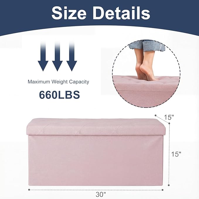 DUMOS Storage Ottoman Bench, 30in Storage Bench Foot Rest Stool with Padded Seat, Bedroom Bench with for Living Room, Support 660lbs, Pink