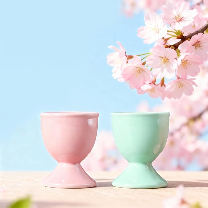 Cinf Ceramic Egg Cup Set of 2 Porcelain Holder Breakfast Boiled Cooking Easy to Clean Childhood Memories Kitchen(Macaron)