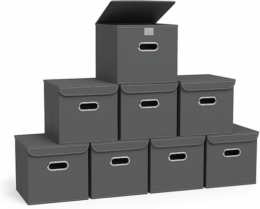 Closet Organizers Fabric Storage Bins With Lids Collapsible Cube Storage Organizer Basket With Handles,Storage Boxes for Clothes Storage,Office,Laundry,Shelves,8 Pack,（Grey）