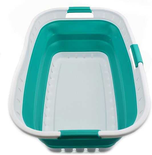 SAMMART 44L Collapsible Plastic Laundry Basket - Foldable Pop Up Storage Container/Organizer - Portable Hamper - (1, White/Bluish-Green), Size : 25.4 x 17.3 x 10.2 inches