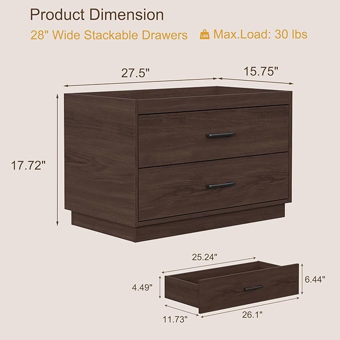 Stackable Storage Drawers, 28" Wide Storage Bins with 2 Drawers for Closet Organizers, Wood Stackable Closet Organizer Modern Large Stackable Storage Units for Living Room Hallway Bedroom, Brown