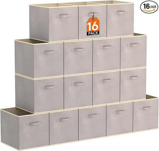 Lifewit Storage Cubes, Foldable Decorative Fabric Storage Baskets for Organizing Home Organizers with Handles for Shelves, Closet, 11 Inch Bins, 18L Light Gray, 16 Packs