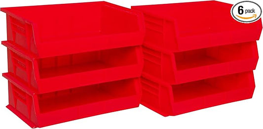 Akro-Mils 30255 AkroBins Plastic Storage Bins, Space-Saving Stackable Bins for Garage, Pantry, Craft Organization, 11" x 16" x 5", Red, 6-Pack