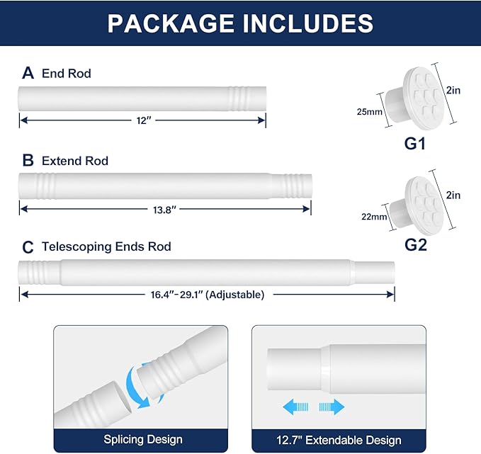 No Drilling Closet Rod, 27.5-39 Inches Hanging Closet Rod for Clothes, Closet Bar & Pole Heavy-duty, Closet Rods for Hanging Clothes For Closet Wardrobes Bathroom Laundry RV Curtains,White