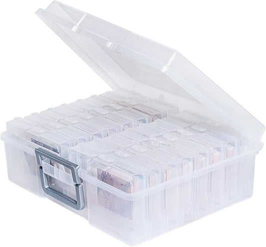 novelinks Transparent 4" x 6" Photo Organizers and Photo Storage Box with Handle, 16 Inner Photo Cases, Portable Picture Organizers & Photo Storage Containers (Clear-Silver Handle)