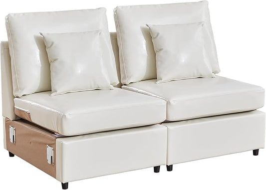 LEVNARY Modular Armless Chair Set of 2, Faux Leather Upholstered Single Seat for Sectional Sofa Expansion (White)