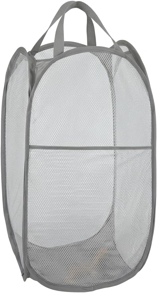 Mesh Large Pop Up Laundry basket, Collapsible Laundry Hampers with Handles, Foldable Dirty Clothes Hampers for Bathroom, College Dorm, Travel, Gray