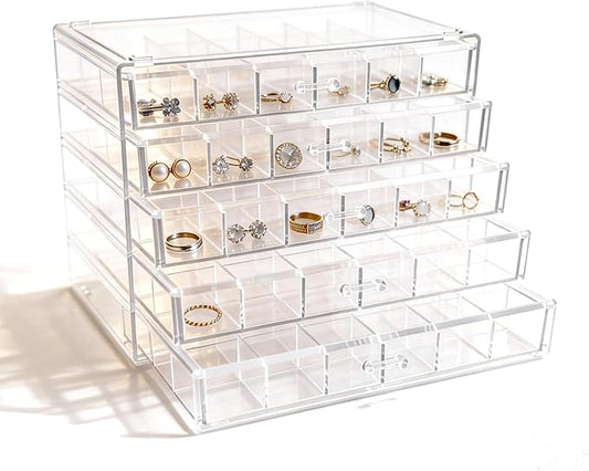 Acrylic Transparent Earrings Jewelry Organizer with 5 Drawers 120 grids, Stackable Necklace Rings Display Storage Case Box Holder, Clear