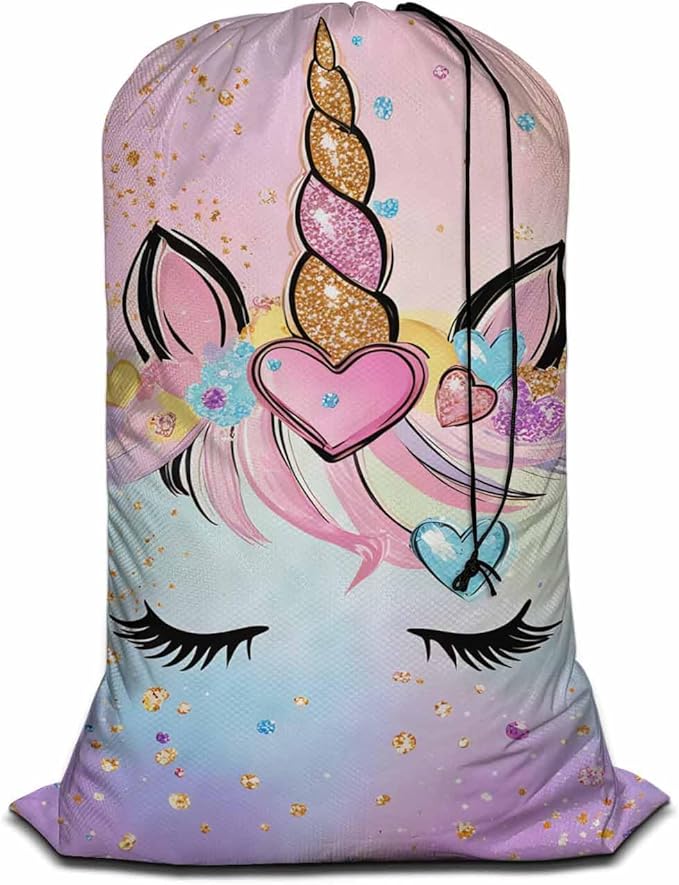 Swono Unicorn Laundry Bags with Locking Drawstring Closure 28" x 40", Colorful Sparkle Diamonds Heart Shapes Long Eyelash Versatile - Multi Use, Pink Blue