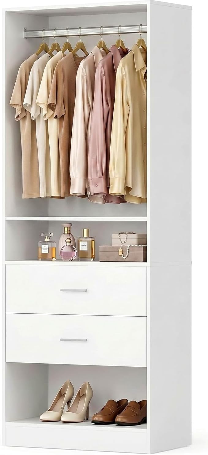 VOWNER 25'' Freestanding Closet System with Drawers & Hanging Rod, Wood Closet Organizer System, Walk-in Closet Shelving Unit, Clothes Garment Rack, Armoire Wardrobe Closet Bedroom Entryway