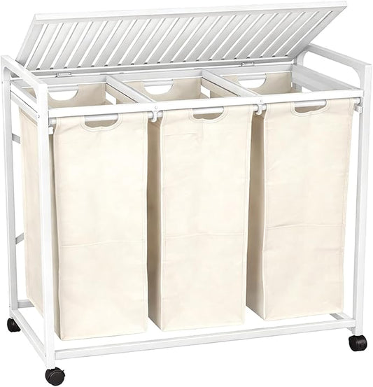 Bamboo Laundry Hamper 3 Section with Lid, 150L Laundry Sorter with Lockable Wheels, Pull-Out Removable Washable Bags, 3 × 12.5 Gal Divided Laundry Baskets for Laundry Room, Bathroom (White)