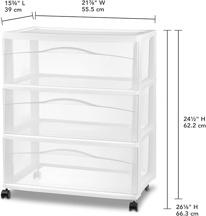 Sterilite 2 Pack Wide 3 Drawer Storage Cart, Plastic Organizer with Wheels, White - Multipurpose Bin for Clothes, Accessories, or Home Accessories