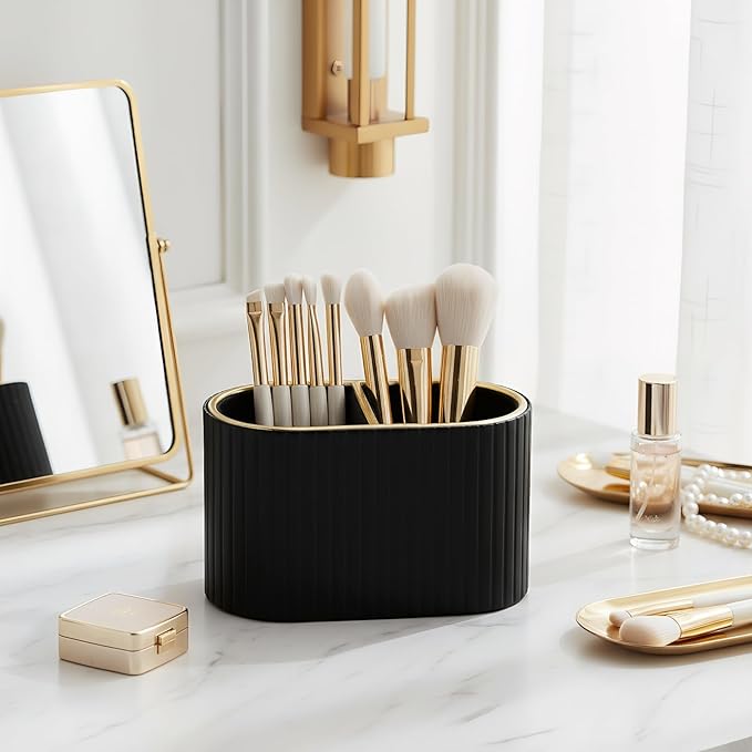 KINGFOM Makeup Brush Holder Organizer with Divider, PU Leather Vanity Brush Holder for Bathroom Countertop & Dressing Table, Cosmetic Desktop Storage Caddy for Makeup Tools Oval (Black)