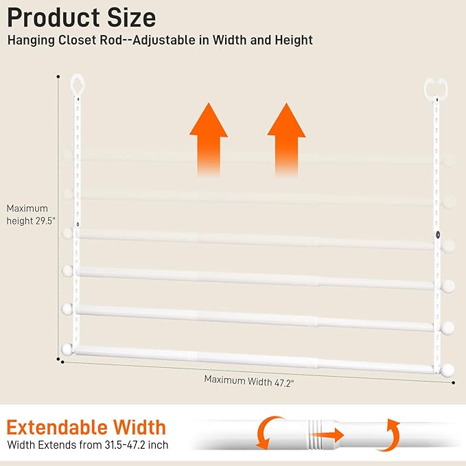 SUTINE Closet Rods for Hanging Clothes, Adjustable Closet Extender Hanging Rod, Space-Saving Closet Rod Extender Clothes Hanging Bar, Closet Poles for Hanging Clothes Organizer (White, 31.5-47.2 IN)