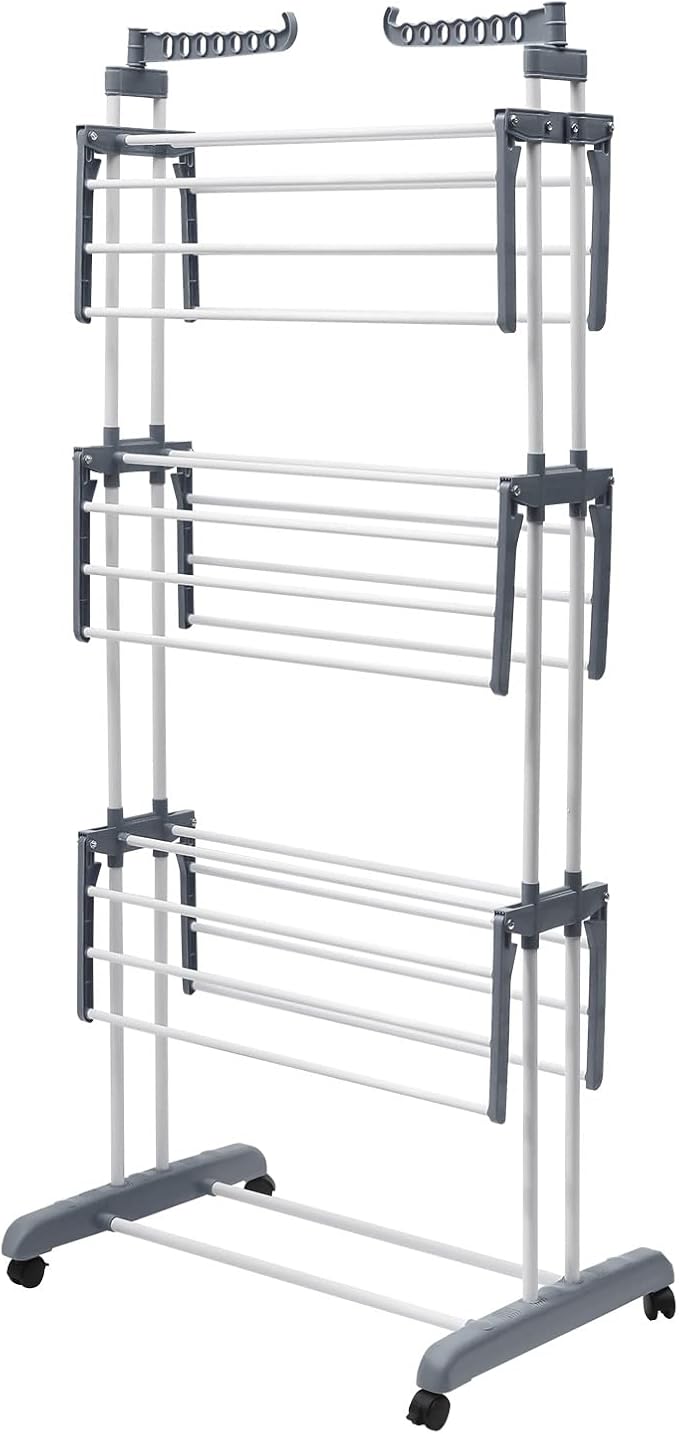 Clothes Drying Rack, 4-Tier Foldable Stainless Steel Drying Rack, Movable Laundry Drying Rack with 4 Casters (2 with Brakes), Heavy-Duty Drying Rack for Indoor Outdoor Use, Balcony, Patio, Bathroom