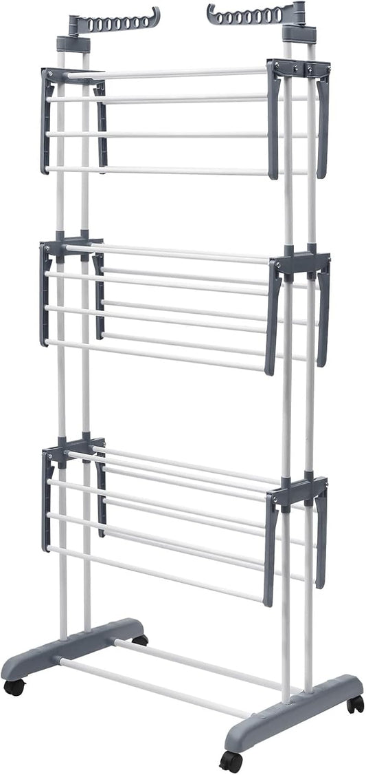 Clothes Drying Rack, 4-Tier Foldable Stainless Steel Drying Rack, Movable Laundry Drying Rack with 4 Casters (2 with Brakes), Heavy-Duty Drying Rack for Indoor Outdoor Use, Balcony, Patio, Bathroom