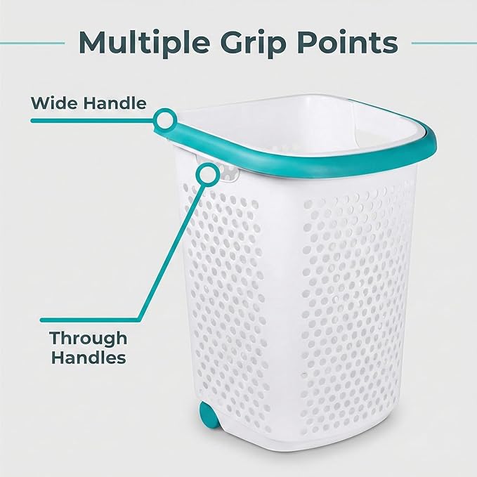 2 Bushel Rolling Laundry Hamper with Wheels & Retractable Handle, Large Capacity Plastic Laundry Basket on Wheels, Airy Hollow Design, White with Teal Accents, 15.47 x 20.11 x 25.00 Inches
