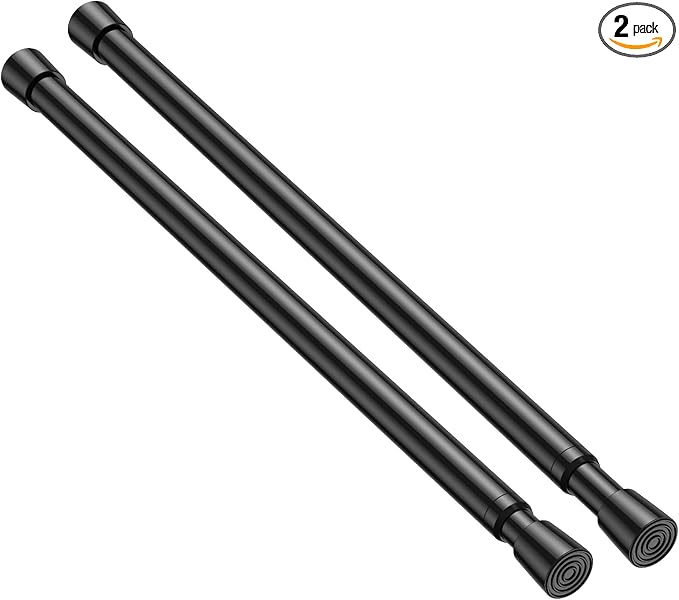 2 Pack Spring Tension Rods 16-27 Inches, 5/8 Inch Diameter Black No Drill Spring Loaded Adjustable Extendable, Small Short Tension Curtain Rod for Windows Kitchen Doorway Closet Cupboard