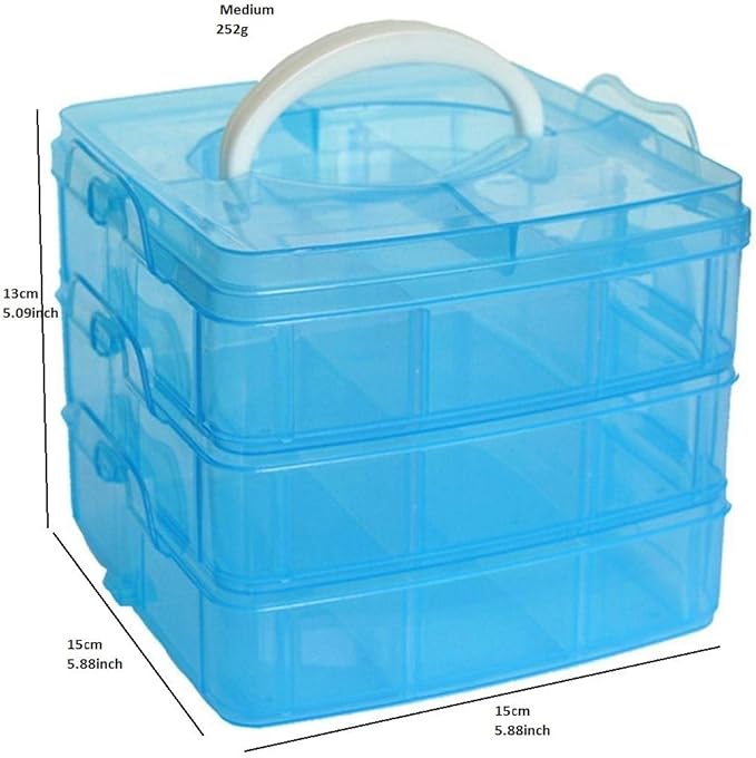 Kamay's 3-Tier Transparent Stackable Adjustable Compartment Slot Plastic Craft Storage Box Organizer Snap-Lock Tray Container 3 Sizes 4 Candy Colors Available(Medium 18 Compartment, Blue)