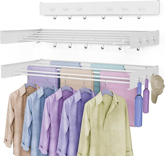 Drying Rack Clothing,Clothes Drying Rack Wall Mounted,Laundry Drying Rack Wall Mount,Foldable,Collapsible,60 lb Capacity 5 Aluminium Poles with 6 Hooks,Space Saving Clothes Drying Rack,White 40"