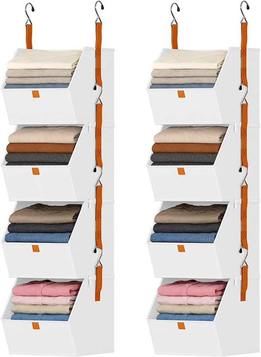DIMJ Hanging Closet Organizer - 4 Tier Collapsible Hanging Shelves with Hooks Zipper, Fabric Clothes Organizer, Space-Saving Storage Bin Basket for RV, Bedroom, Laundry Organization