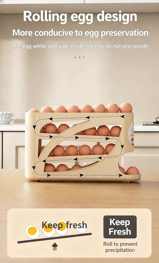 4-Tier Egg Dispenser for Refrigerator, Gravity Auto-Rolling Design, Holds 30 Eggs, Space-Saving Easy-Access Fridge Organizer Rack