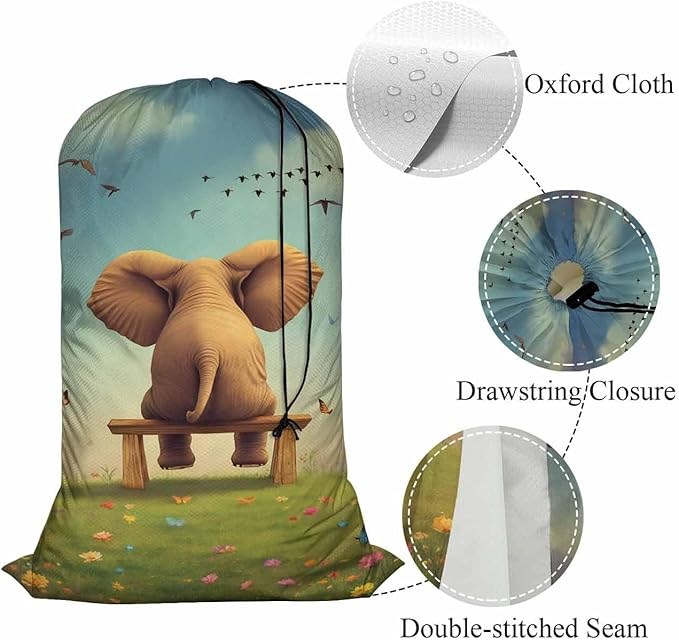 Swono Cute Elephant Large Travel Laundry Bag - Wet/Dry, Dirty Clothes Bag for Gym, Swimming, Yoga - Blue Cloud