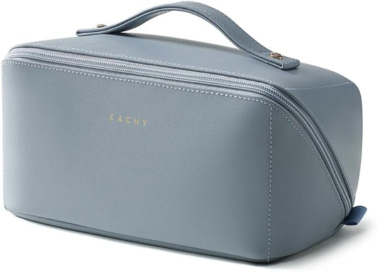 EACHY Travel Makeup Bag, Large Capacity Cosmetic Bag for Women, Waterproof PU Leather, Flat Open Portable Toiletry Bag for Skincare, Brushes & Travel Essentials