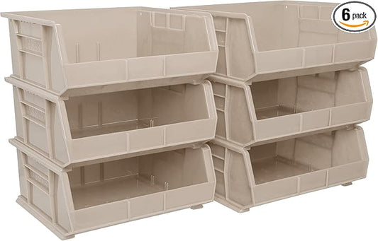 Akro-Mils 30235 AkroBins Plastic Storage Bins, Space-Saving Stackable Bins for Garage, Pantry, Craft Organization, 11" x 11" x 5", Stone, 6-Pack