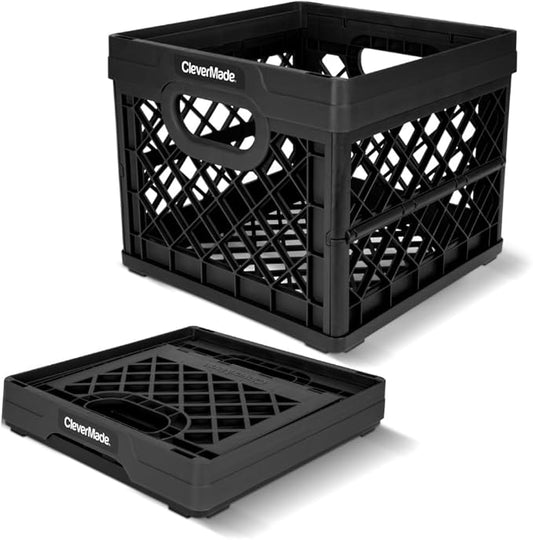 CleverMade Collapsible Milk Crate 25L (6.6 Gal), 50 lb Capacity Heavy Duty Folding Crate – Stackable Storage Crates with File Rails, Plastic Collapsible Crates - Obsidian